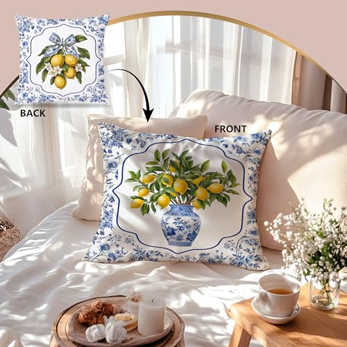 Chinoiserie Lemon Throw Pillow Cover 18x18 - Flannel Decorative Cushion