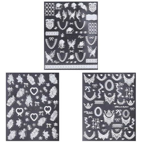 Winthrop 3D White Lace Nail Decals - Rose & Butterfly Bridal Stickers