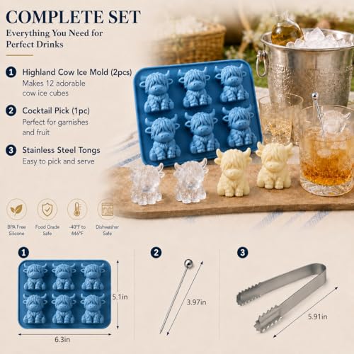 2PCS Highland Cow Ice Cube Mold - Blue Silicone 3D Tray for Drinks & Baking