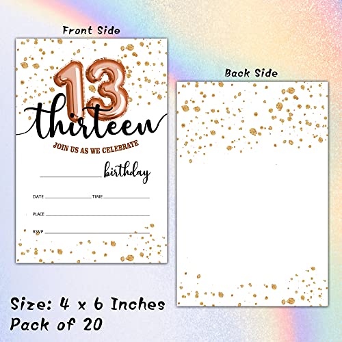 13th Birthday Invitations with Envelopes, Rose Gold Fill-In Cards 20 Pack