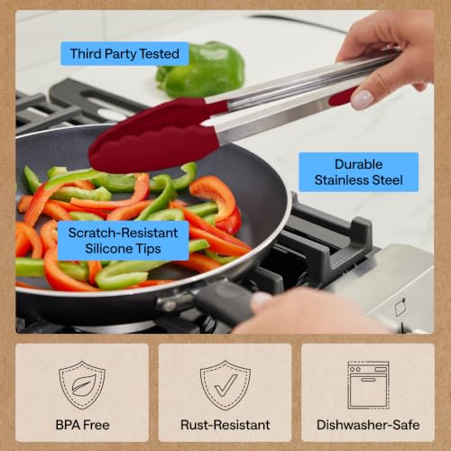 Gorilla Grip Stainless Steel Kitchen Tongs 2-Pack with Red Silicone Tips, 9” & 12”