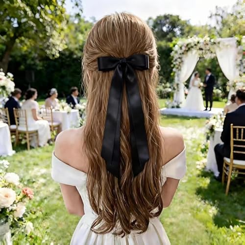 Silky Satin Hair Bows with Long Tails - 2 Pack Red & Black Hair Clips