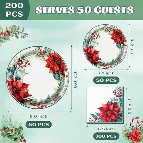 Christmas Paper Plate and Napkin Set - 200 Heavy Duty Disposable Dinnerware