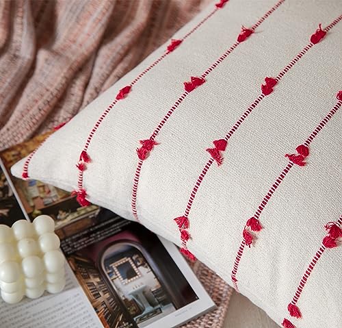 Boho Christmas Throw Pillow Covers 18x18 Inches Set of 2 Beige & Red Farmhouse Decor