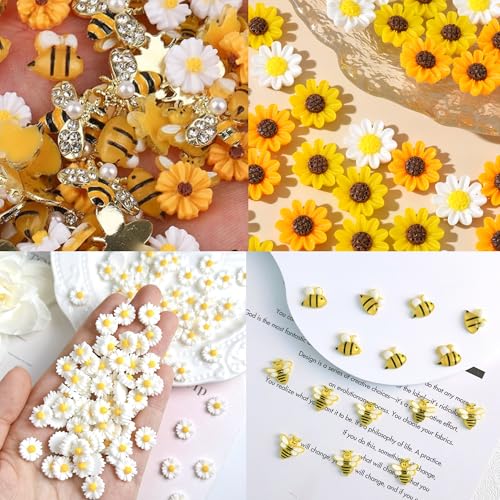 COOSLIM 3D Bee & Daisy Flower Nail Art Charms - 60Pcs Resin Gems