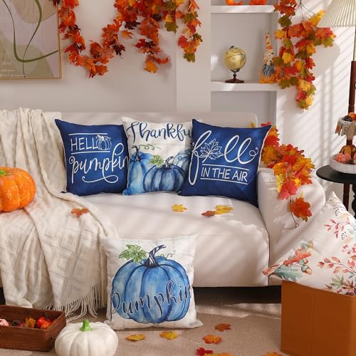 Blue Pumpkin Fall Pillow Covers 18x18 Inch, Set of 4 Buffalo Plaid Autumn Decor