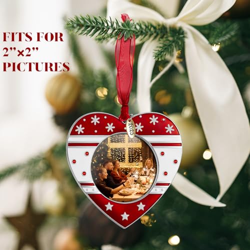 Christmas Tree Ornament Photo Frame - Personalized Holiday Keepsake Pendant with 2-Inch Photo Insert, Red White Silver