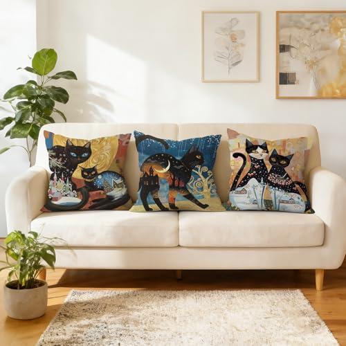 Set of 4 Boho Black Cat Throw Pillow Covers - 18x18