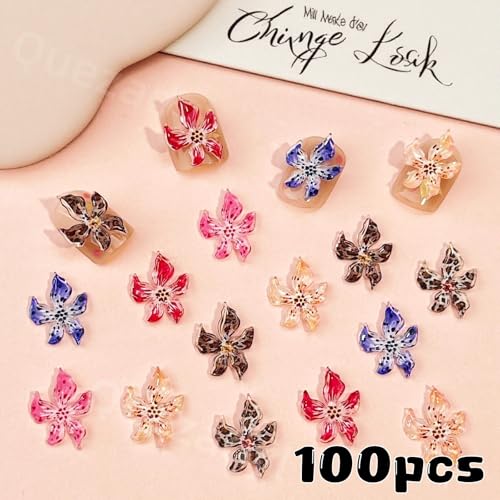 Quezadyl 100PCS 3D Hibiscus Flower Nail Art Charms Colorful Floral Resin Gems