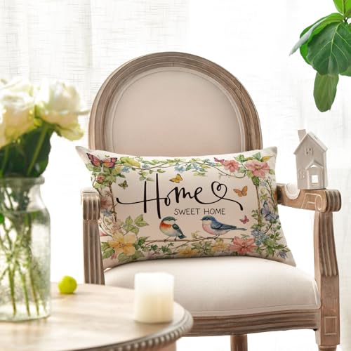 AVOIN colorlife Home Sweet Home Birds Floral Throw Pillow Cover - 12x20