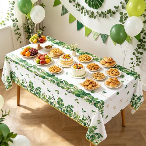 TJYJOY 3-Pack Sage Green Eucalyptus Leaf Plastic Tablecloths 51x86 In