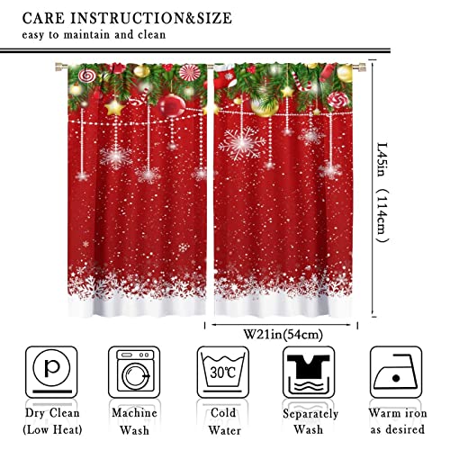 Merry Christmas Blackout Curtains with Red Floral Snowflake Pattern, 2 Panels 21W x 45L - Insulated Room Darkening Drapes