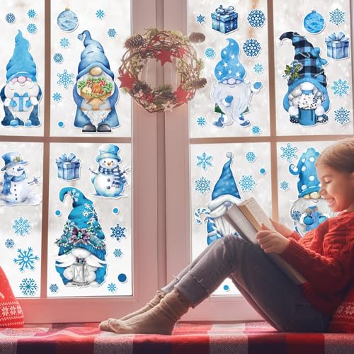 Hello Winter Gnome Window Stickers 131-Piece Watercolor Snowflake Decals - Blue Gnomes Christmas Decor