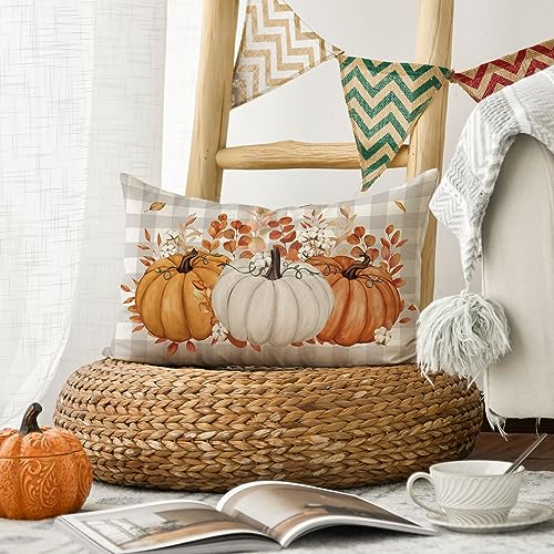 AVOIN colorlife Fall Pumpkin Plaid Orange Throw Pillow Cover 20x12 Inch