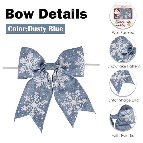 Dusty Blue Christmas Bows for Wreaths 6-Inch Snowflake Burlap Gift Wrap Decorations - 12 Pcs
