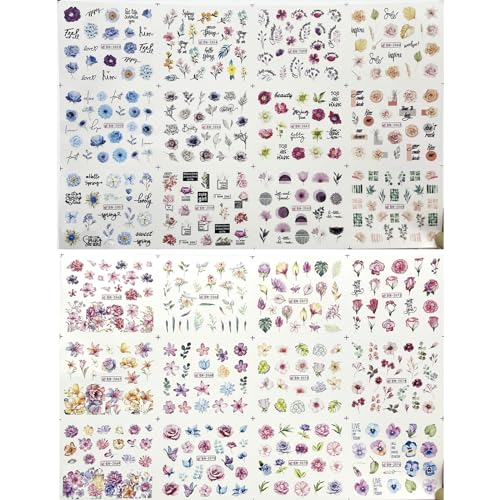 24 Sheets Floral Nail Stickers Water Transfer Pink Blue Flowers Decals