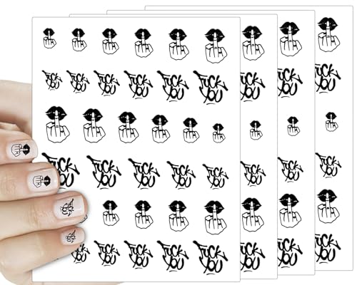 Middle Finger Nail Art Stickers - 4 Sheets Black Self-Adhesive Decals