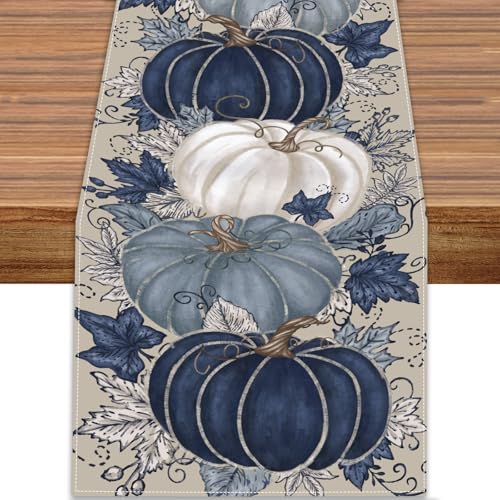 Heirloom Haven Vintage Blue Pumpkin Fall Table Runner 13x72 Inch