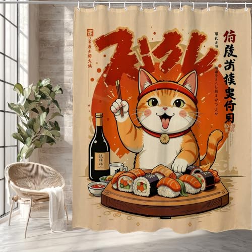 Funny Japanese Cat Shower Curtain, Red Orange Sushi Anime Design 72x72"