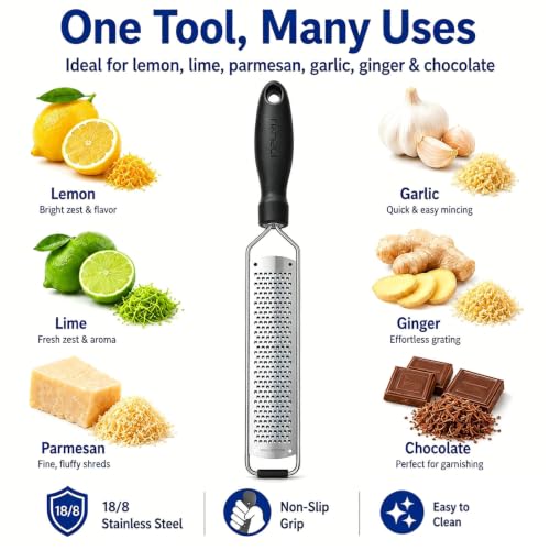 JOFUYU Stainless Steel Lemon Zester & Cheese Grater - Black, Non-Slip Handle