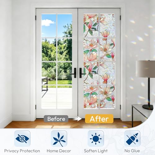 rabbitgoo Magnolia Stained Glass Window Privacy Film 17.5" x 78.7" - Rainbow Light Effect
