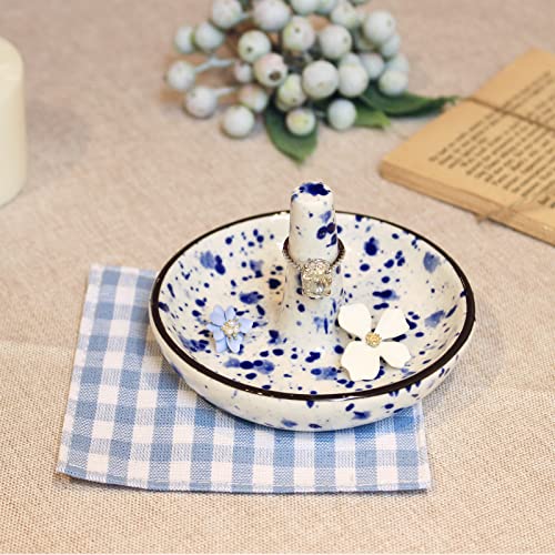 Ceramic Ring Holder Stand - Blue Dots Jewelry Dish for Rings & Earrings