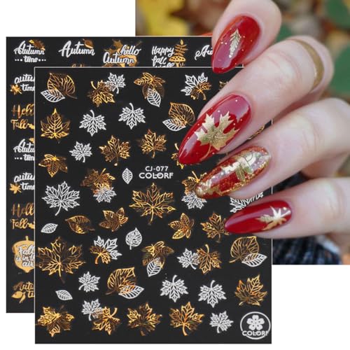 KRTBKR 9 Sheets Fall Metallic Nail Art Stickers 3D Self-Adhesive Maple Leaf