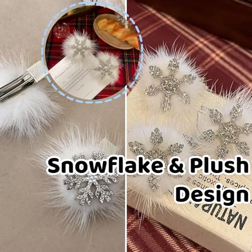 Snowflake Hair Clips 6-Piece Set - Plush Rhinestone Winter Hair Barrettes
