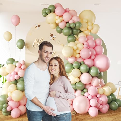 146pcs Pink and Yellow Balloon Garland Arch Kit with Sage Green Balloons