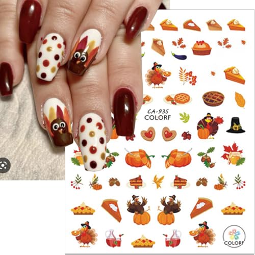 Fall Nail Stickers 6 Sheets Thanksgiving Turkey Pumpkin Autumn Decals