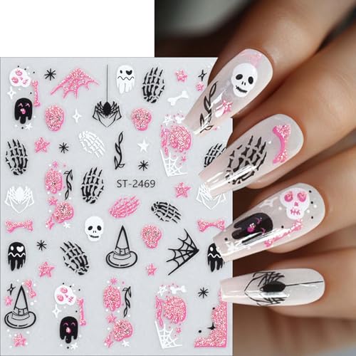 ONPRESS 6-Sheet Pink Halloween Nail Stickers 3D Self-Adhesive Spider Web Pumpkins Decals