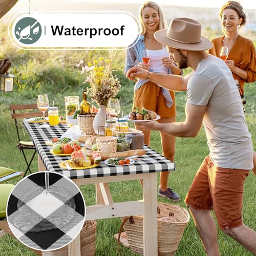 Waterproof Black and White Buffalo Picnic Tablecloth, 6ft Fitted Vinyl Cover