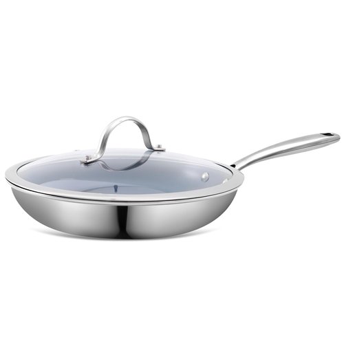 Stainless Steel Non Stick Frying Pan,10 Inch Healthy Non Toxic Ceramic Coating Cookware with Lid,Works on Induction, Electric Stove and Gas Cooktops,PTFE PFAS PFOA Free Skillet,Dishwasher&Oven Safe