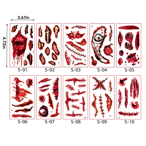 TOPORTY Halloween Temporary Scar Tattoos - 20 Sheets 3D Bloody Wound Stickers