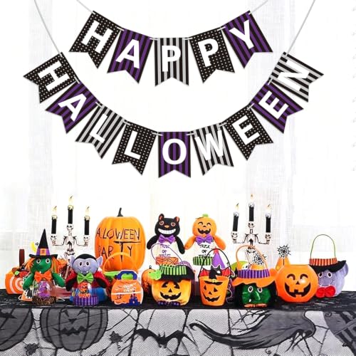Happy Halloween Banner - Purple & Black Stripes Party Decor