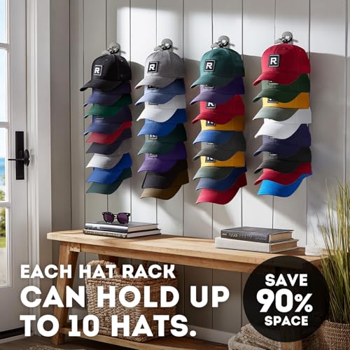 Hatisan Hat Organizer for Wall - 2 Pack Black Baseball Cap Rack Holds 20 Hats