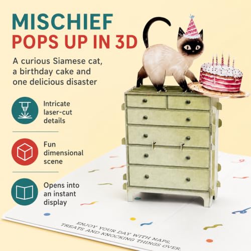 Siamese Cat Pop Up Birthday Card - Funny 3D Cat Lover Greeting Card (5x7)