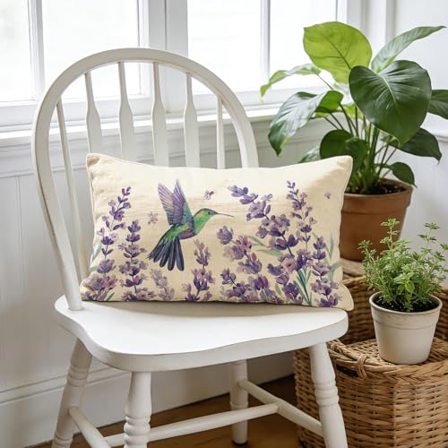 Fahrendom Purple Hummingbird Floral Lumbar Pillow 20" x 12"