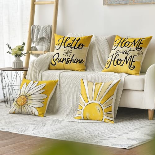 AVOIN Colorlife Home Sweet Home Daisy Throw Pillow Covers - Set of 4, 18x18 Inch