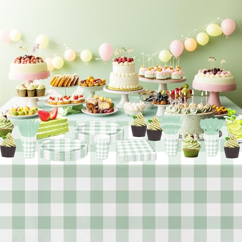 Sage Green Gingham Tablecloths - 3 Pack, 55 x 86in, Disposable