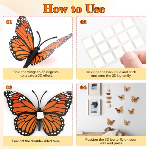36 Pcs 3D Monarch Butterfly Wall Decals - Realistic PVC Orange Decor
