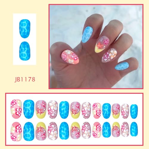 Short Oval Press on Nails Summer Beach Blue Sea Starfish Flowers Design
