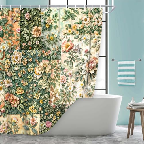 JAWO Floral Shower Curtain, Yellow Botanical Bathroom Decor 69x70 Inch