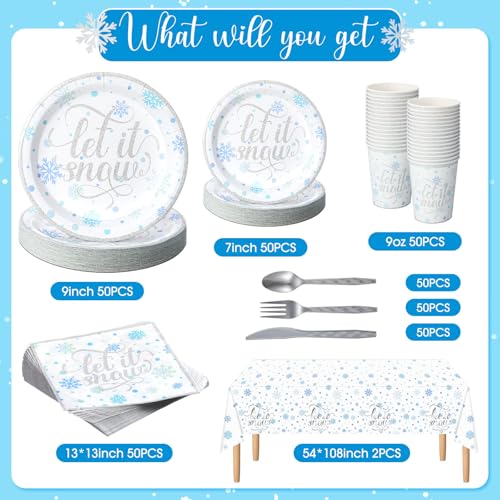 352 Pcs Snowflake Winter Party Tableware Set - Silver - Disposable Dinnerware for 50 Guests