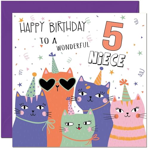 Cute Cat Niece Birthday Card for 5 Year Old - Eco-Friendly