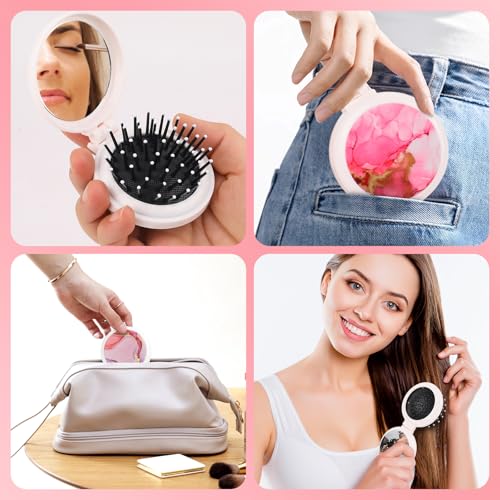 Mengduxd Mini Folding Hairbrush with Mirror Portable Pocket Comb