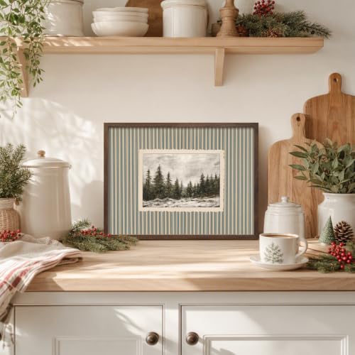Vintage Christmas Wall Art Framed Winter Scene Canvas Print 16x12 Inches - Green Variation