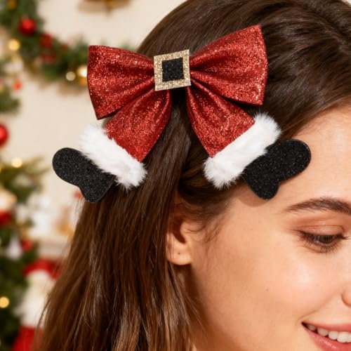 Christmas Hair Clips 2-Pack Red Green Glitter Bow Hairpins