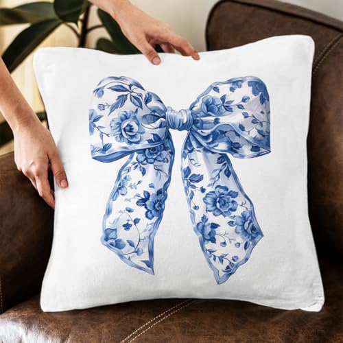 Chinoiserie Bow Pillow Cover 18x18, Grandmillennial Blue and White Decor