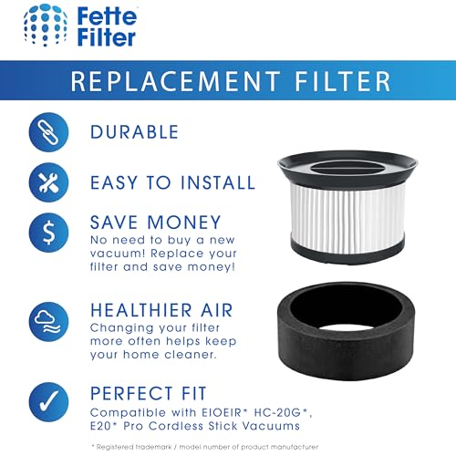 Fette Filter Replacement HEPA & Foam Filter Set for EIOEIR HC-20G & E20 Pro Vacuum - Pack of 1 + 2